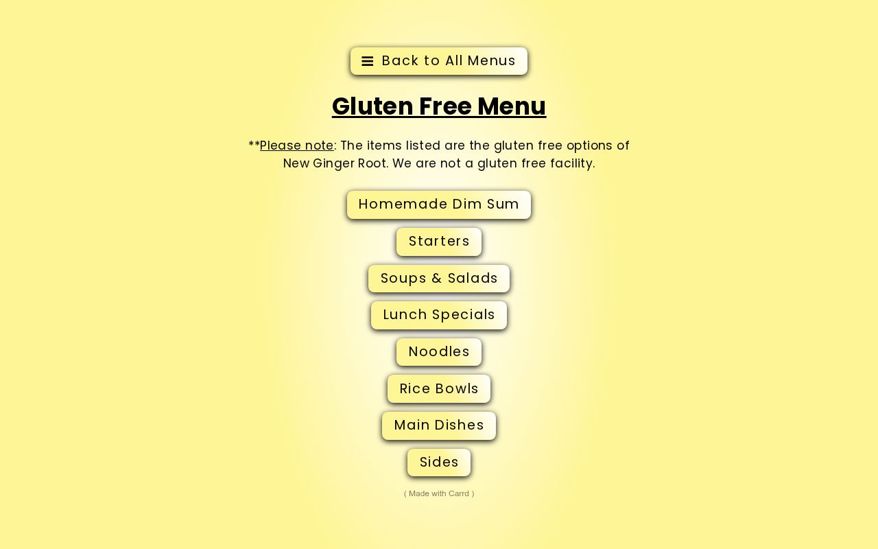 Vegan Ginger Root's Gluten Free Menu